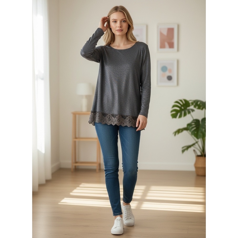 Only Hearts NYC Helena‎ Stuart Metallic Lace Trim Tunic Top Charcoal Grey Large